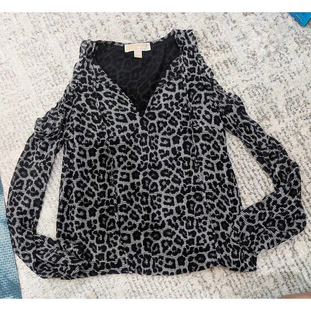 MICHAEL Michael Kors Grey Leopard Cold Shoulder Ruffle Blouse Sheer XXS